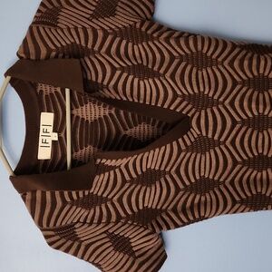 Brown Patterned Knit Bodycon Dress With Collar